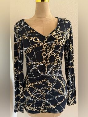 Black & Gold Chain-Print Long Sleeve Women's Top large VENUS